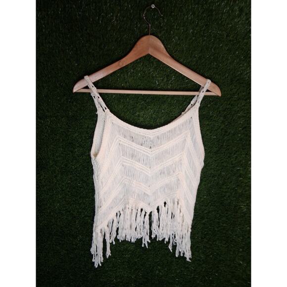 Boho Crochet Fringe Crop Top Chevron Knit Festival Tank Cami Cream Ivory S/M - Picture 2 of 7